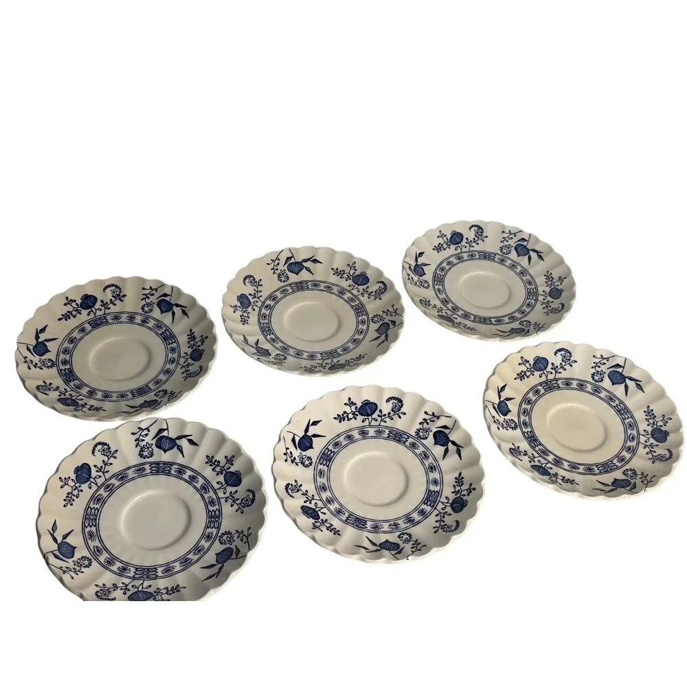 VTG J and G Meakin Classic White Blue Nordic Round‎ Saucers Blue Onion Set 6